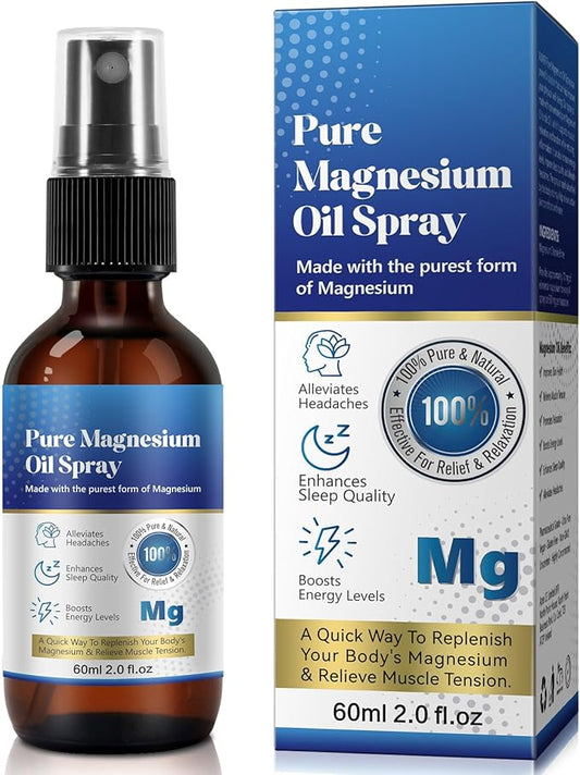 Pure Topical Magnesium Oil Spray, Magnesium Spray for Feet, 100% Organic, Quick Absorption - Natural Source with Powerful Organic Blend of Essential Oils, Replenish Body's Magnesium - 2.02 fl oz