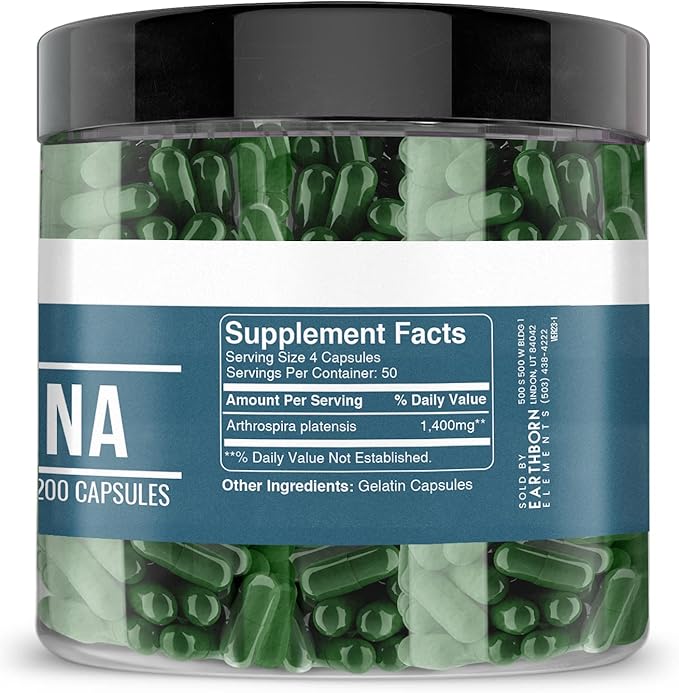 Earthborn Elements Spirulina 200 Capsules, Pure & Undiluted, No Additives