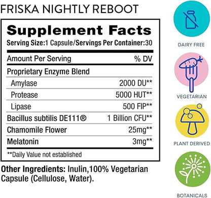 FRISKA Nightly Reboot Enzyme and Probiotics Supplement, Promotes Better Digestion and Sleep, Supports Gut Health for Men and Women, Melatonin, Chamomile, 90 Capsules