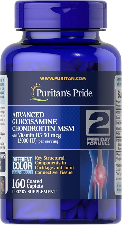 Puritan's Pride Advanced Glucosamine Chondroitin MSM with Vitamin D3 50mcg (2000 IU), Dietary Supplement for Joint Health, 80 Servings, 160 Coated Tablets