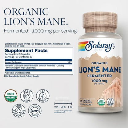 SOLARAY Organic Lions Mane Supplement Capsules - Providing 1000 mg of Lion's Mane Organic Mushrooms, Fermented for Enhanced Absorption - Vegan, 60-Day Guarantee, Lab Verified, 30 Servings, 60 VegCaps