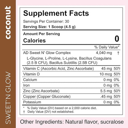 Project Ad Sweet' N Glow Zero Calorie Sugar Free Sweet'Ner with Collagen Building Agents (30 Servings, Coconut)