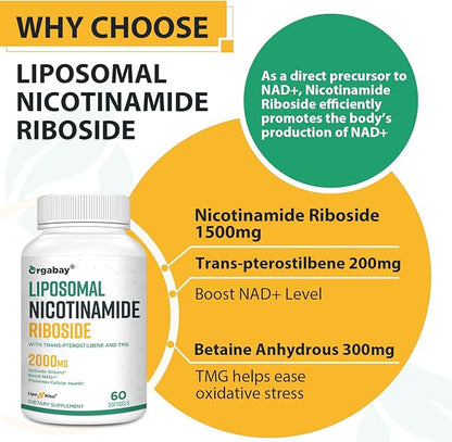 Liposomal Nicotinamide Riboside 2000 MG with TMG and Pterostilbene, Boosting NAD+, Support Healthy Aging, 120 Count
