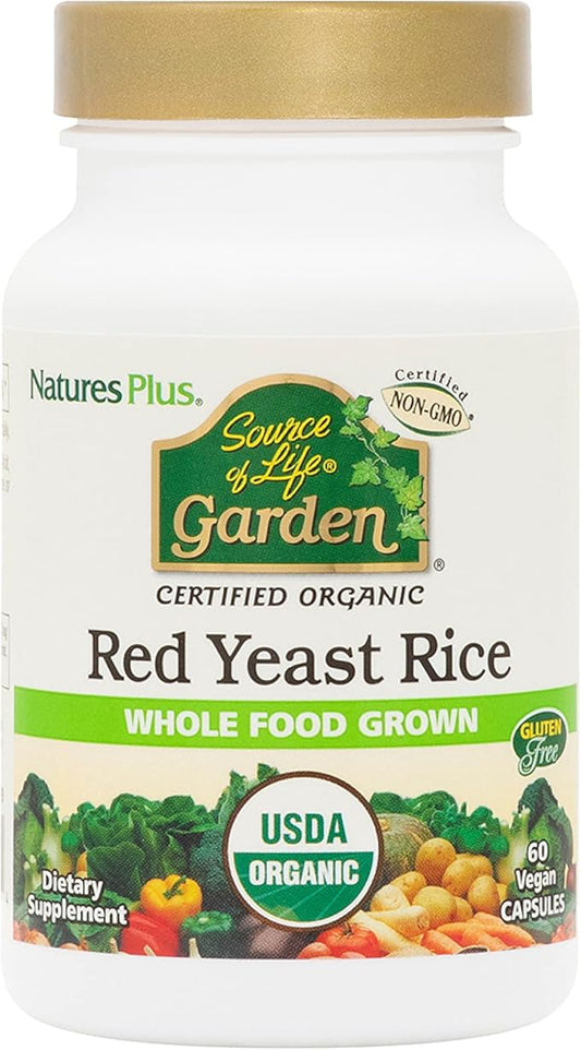 Natures Plus Source of Life Garden Certified Organic Red Yeast Rice - 600 mg, 60 Vegan Capsules - Nutritional Support for Overall Well-Being - Vegetarian, Gluten-Free - 60 Servings