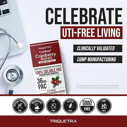 CranEaze®: Cranberry Juice Extract Plus D-Mannose – 36 mg PAC, 100% Soluble PAC - Supports Urinary Tract Health – Most Effective Cranberry Pills for Women, UTI Cranberry Supplement - 60 Capsules