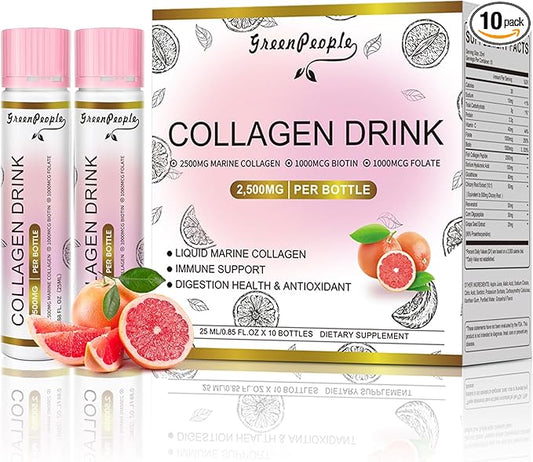 Liquid Collagen for Women & Men, 2500mg Fish Collagen Peptides + Hyaluronic Acid + Vitamin Bs & C, Hair Skin Nails Joints Bones Support (0.85 fl oz, 10 Bottles, Grapefruit)