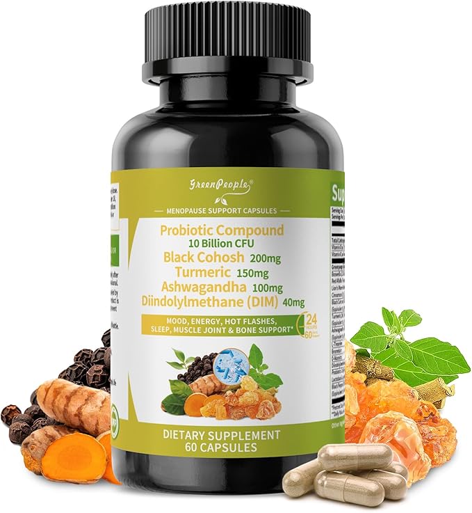 Menopause Turmeric Supplements for Women - Turmeric Capsules with Boswellia/Ashwagandha/Black Cohosh Extract for Mood, Sleep,Joint & Bone - 60 CT Probiotic Compound