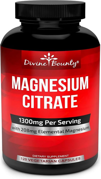Pure Magnesium Citrate Capsules - 1300mg Magnesium Supplement with Elemental Magnesium - 120 Vegetarian Capsules