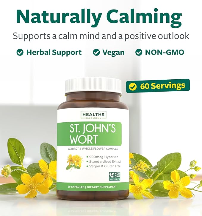 St. John's Wort - 60 Capsules (Non-GMO) Effective St Johns Wort Capsules - Powerful 900mcg Hypericin - Standardized Extract & Whole Herb Supplement - No Oil, Pills, Tea, Tincture - 500mg Per Capsule