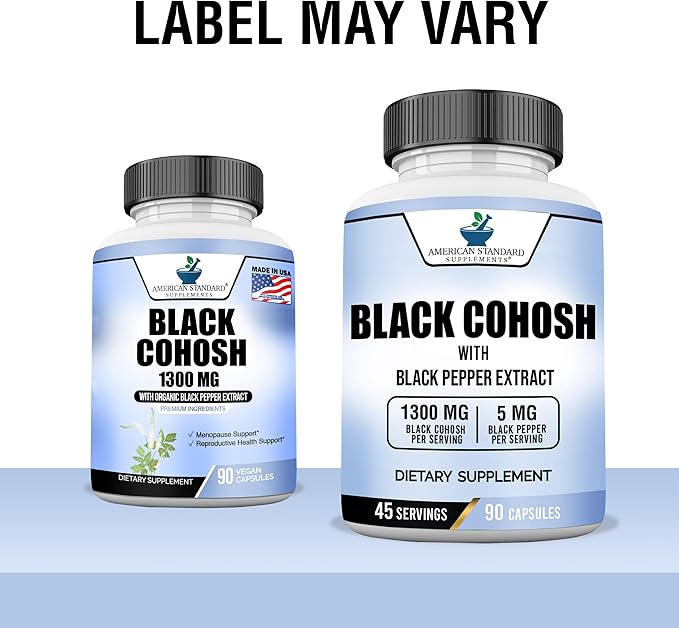 American Standard Supplements Black Cohosh 1300mg Per Serving with Black Pepper Fruit Extract - Vegan, Gluten Free, Non-GMO, 90 Capsules, 45 Servings