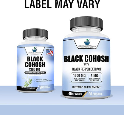 American Standard Supplements Black Cohosh 1300mg Per Serving with Black Pepper Fruit Extract - Vegan, Gluten Free, Non-GMO, 90 Capsules, 45 Servings