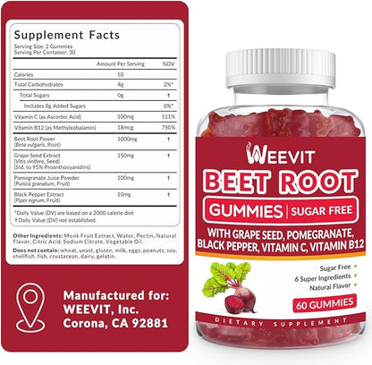 Beet Root Gummies, Nitric Oxide Supplement for Men Women | Organic Beet Gummy with Grape Seed, Pomegranate, Black Pepper, Vitamin C, B12