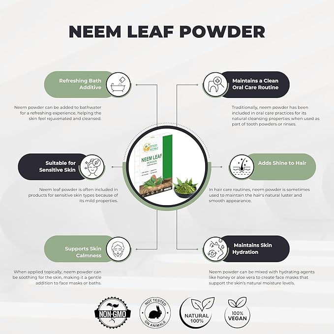 Neem Powder for Hair Growth, Skin Care & Detox Wildcrafted Bitter Neem Leaves Powder for Immune System Support, Digestive Health 5.3 oz