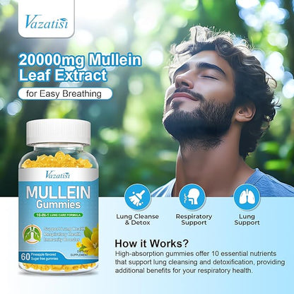 10 in 1 Mullein Gummies for Lungs, Mullein Leaf Extract with Bromelain, Quercetin, Magnesium - Support Lung Cleanse for Healthy Breathing, 60ct