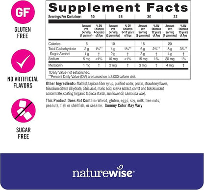 NatureWise Kids Melatonin 1 mg Sugar-Free Gummies for Children Ages 4 & Up - Non-Habit Forming Sleep Aid - Strawberry Flavored - Vegan, No Gluten, Non-GMO - 90 Count[3-Month Supply]