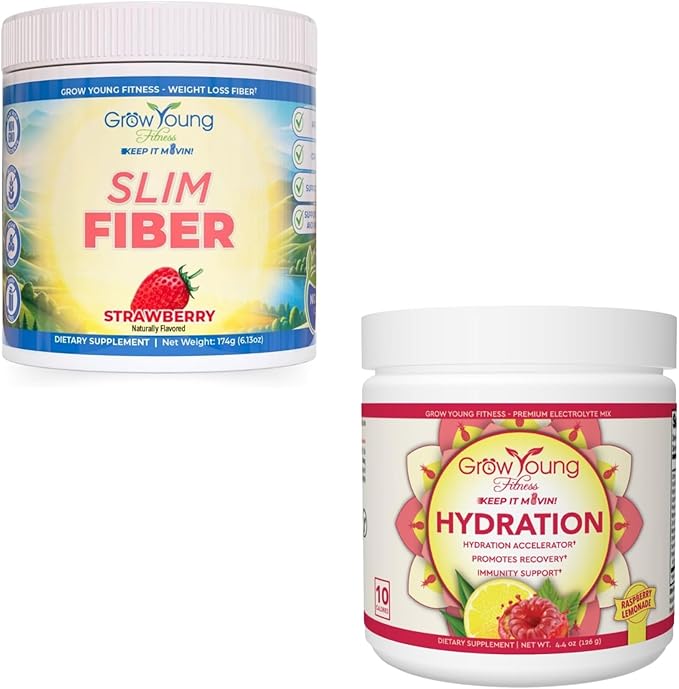 Grow Young Fitness Slim Fiber Supplement and Raspberry Lemonade Hydration Powder - Digestive Support and Hydration for Elderly