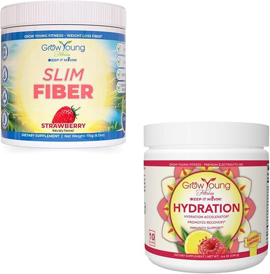 Grow Young Fitness Slim Fiber Supplement and Raspberry Lemonade Hydration Powder - Digestive Support and Hydration for Elderly