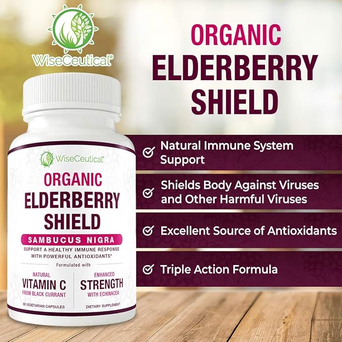 Max Strength USDA Organic Black Elderberry, Black Currant Extract & Echinacea | 3 in 1 Natural Immune Support & Vitamin C | Sugar-Free, Vegan-Friendly | Homeopathic Remedy | 60 Count