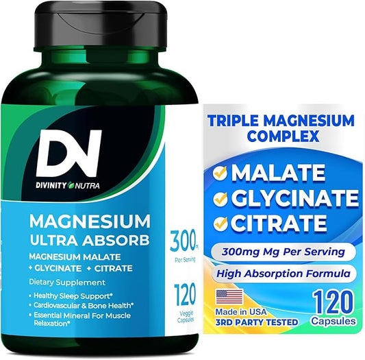 Triple Magnesium Complex Supplement,300mg of Magnesium Glycinate, Malate & Citrate for Muscles, Nerves, & Energy, High Absorption, 120 Vegan Capsules，Non-GMO USA Made