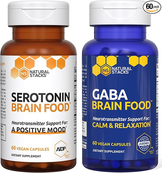 NATURAL STACKS Serotonin & GABA Brain Food Bundle - Promotes a Positive Mood & Calmness* - 120 Capsules