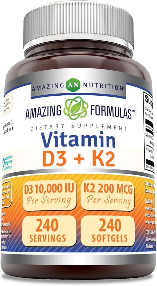 Amazing Formulas Vitamin D3 10000 IU with Vitamin K2 200 Mcg | D3 + K2 Complex Supplement | Non-GMO | Gluten-Free | Made in USA (240 Count, 1 Pack)