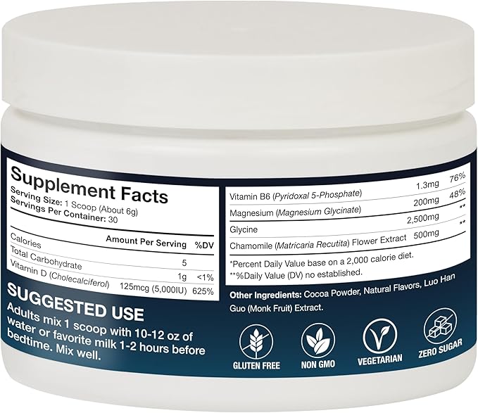Natural Pre-Sleep Aid for Adults | Cocoa | Chamomile | Magnesium Glycinate 200mg | Vitamin B6 | Vitamin D | Gluten-Free | Zero Sugar | Non-Habit Forming | Sleep Support | 30-day Supply