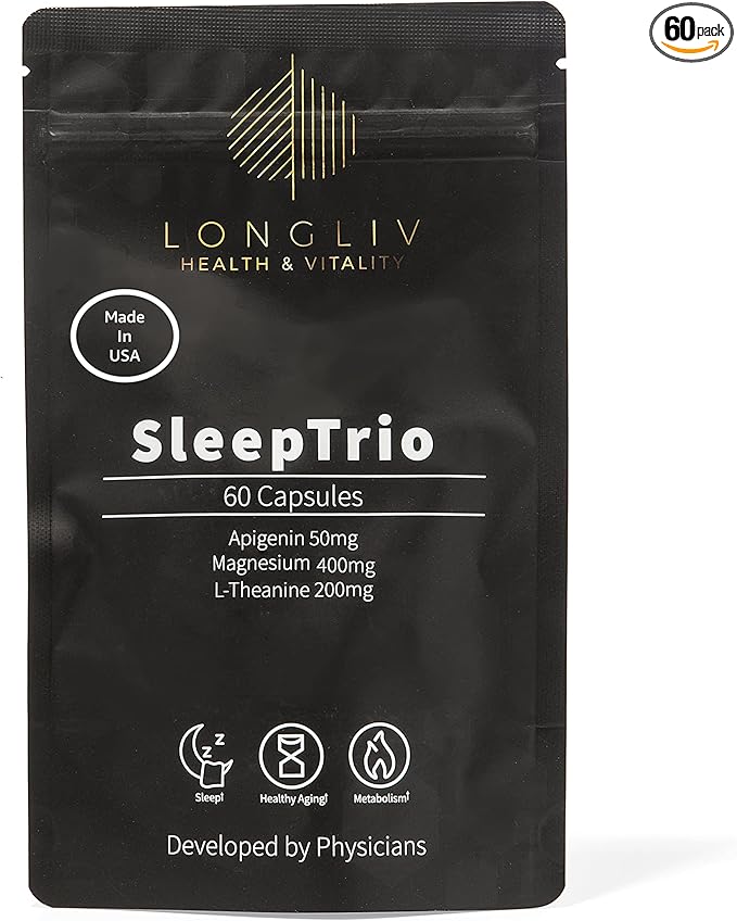 Sleep Trio - Made in USA Magnesium Apigenin L-Theanine Capsules – Premium 3-in-1 Cocktail for Sleep Management - Sleep Cocktail – Without Melatonin - 60 Capsules
