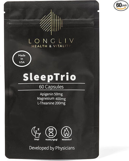 Sleep Trio - Made in USA Magnesium Apigenin L-Theanine Capsules – Premium 3-in-1 Cocktail for Sleep Management - Sleep Cocktail – Without Melatonin - 60 Capsules