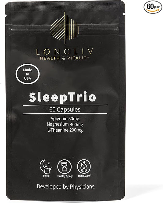 Sleep Trio - Made in USA Magnesium Apigenin L-Theanine Capsules – Premium 3-in-1 Cocktail for Sleep Management - Sleep Cocktail – Without Melatonin - 60 Capsules