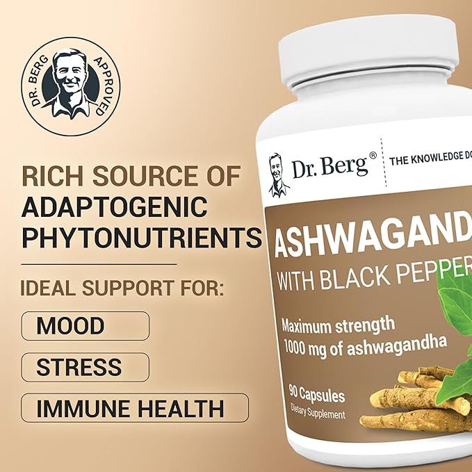Dr. Berg Ashwagandha Capsules 1000mg - Includes Ashwagandha Root with Black Pepper from Bioperine - Ashwagandha Supplements 90 Capsules