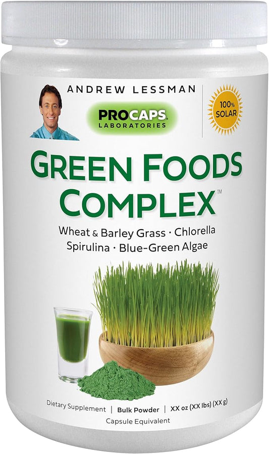 ANDREW LESSMAN Green Foods Complex 600 Servings - Supplies Building Blocks for Healthy Tissue Growth, Liver Support. 100 mg Each of Barley Grass, Wheat Grass, Blue Green Algae, Chlorella, Spirulina
