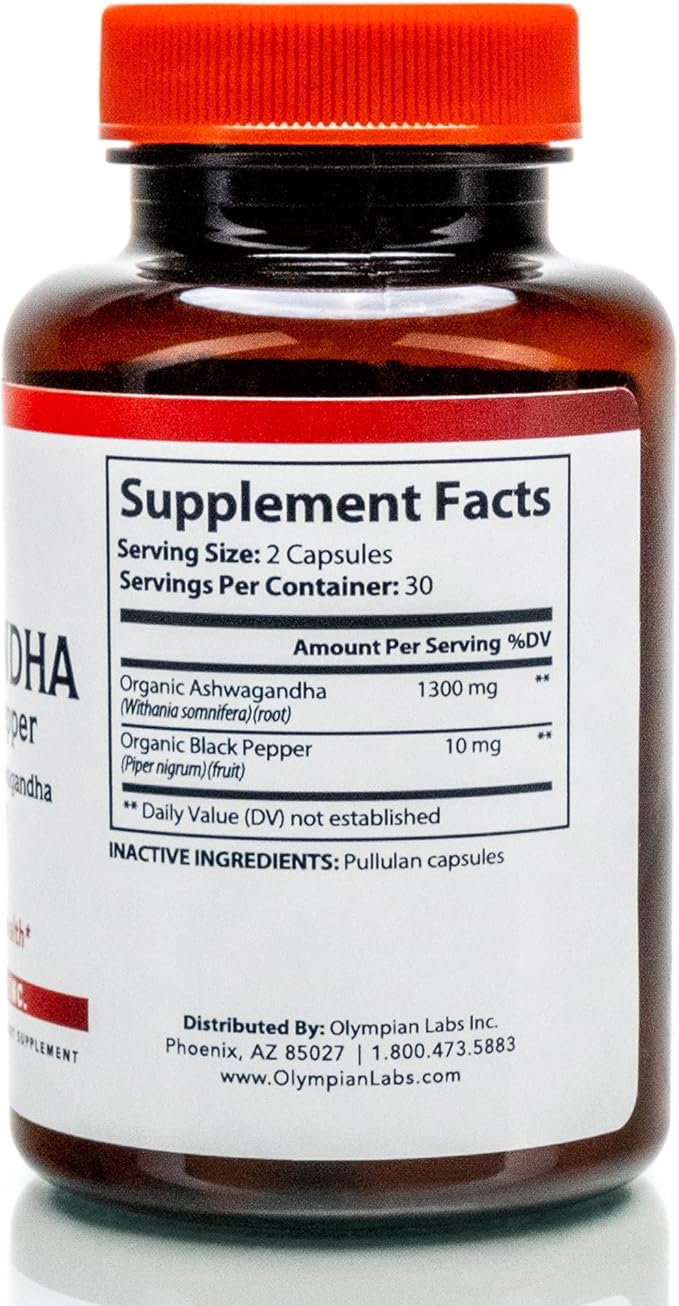 Olympian Labs Organic Ashwagandha with Black Pepper Supports The Brain, Muscle Mass and Strength - 60 Vegan Capsules 1300mg