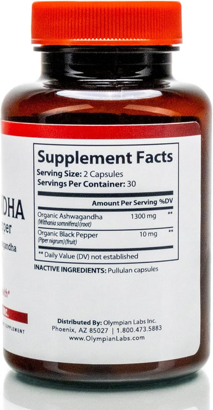 Olympian Labs Organic Ashwagandha with Black Pepper Supports The Brain, Muscle Mass and Strength - 60 Vegan Capsules 1300mg