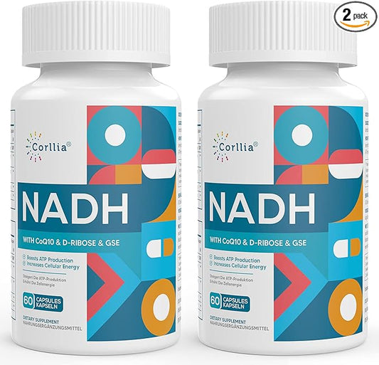 Corlia NADH 50mg + CoQ10 200mg + D-Ribose 150mg Supplement, Enhance NAD+ Supplement for Energy, Fatigue, Reduced Nicotinamide Adenine Dinucleotide, 120 Veggie Capsules