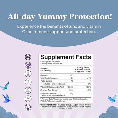 Kids Immunity Support Gummies - Delicious Vitamin C with Zinc and Echinacea Immune Booster Gummies for Kids - Vegan Gluten Free and Gelatin Free Chewable Gummy Vitamin Supplement for Children
