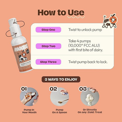 Lactase Enzyme Drops 2oz – Delicious Orange Creamsicle Flavor – 10,000 FCC Units for Fast Acting Dairy Relief – Customizable Dosing for Lactose Intolerance – Portable Twist-to-Lock Pump