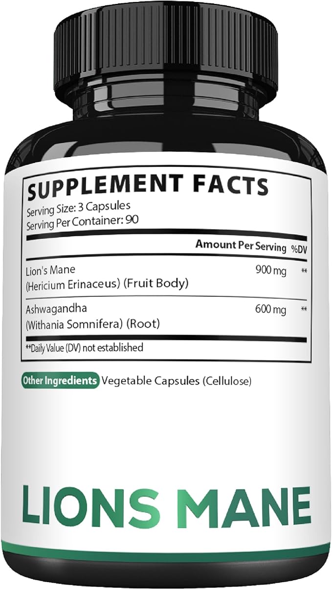 Satoomi Lions Mane Supplement Capsules with Ashwagandha Supplement - 270 Capsules - High Concentrated for Restful Mind, Brain Health, Immune System & Focus Support - Gluten-Free, Non-GMO