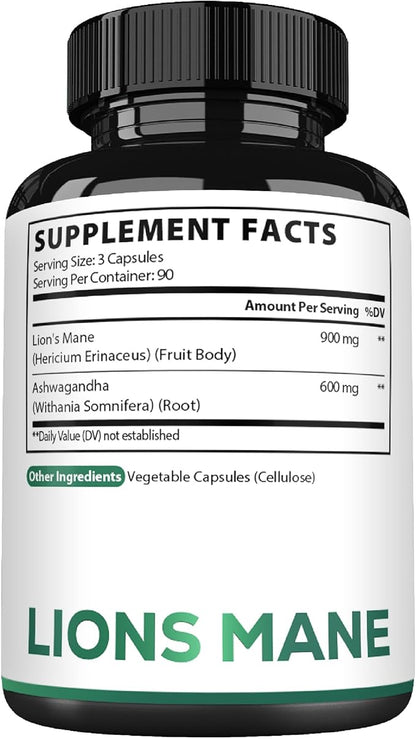Satoomi Lions Mane Supplement Capsules with Ashwagandha Supplement - 270 Capsules - High Concentrated for Restful Mind, Brain Health, Immune System & Focus Support - Gluten-Free, Non-GMO