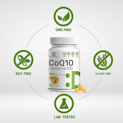 CoQ10 100mg, 240 Capsules – with Omega 3 Fatty Acid 100mg – Bioavailable Coenzyme Q10 Supplements – Heart, Energy, & Brain Health Antioxidant Support – Non-GMO