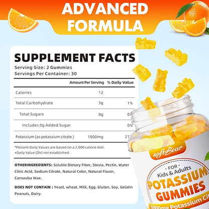 softbear Potassium Citrate 1000mg, Sugar Free Potassium Gummies for Adults Support Leg Cramps & Muscle Health High Potency Potassium Supplement Gummies Orange Flavor 120 Count