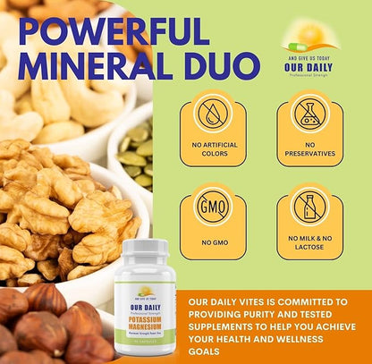 Our Daily Vites Magnesium Potassium Complex 90 Capsules Supplement High Absorption Magnesium Support Vascular Health & Leg Cramp