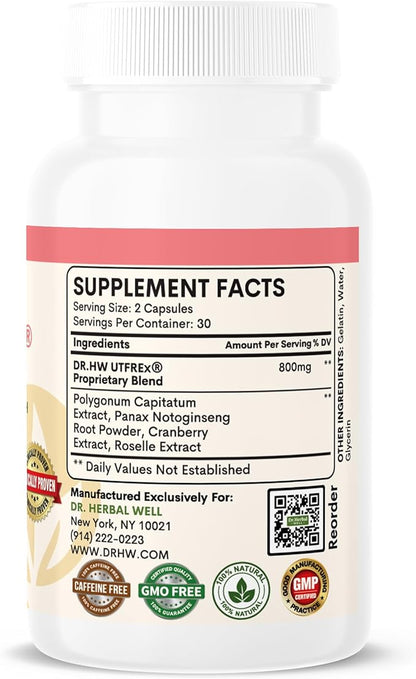 UTFREX Clinically Proven Urinary Tract UTI Health Supplement Natural Support Cleanse Flush Protect (No Probiotics & D-Mannose) – 60 Capsules