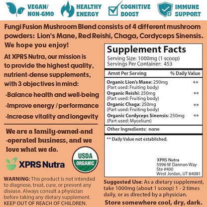 XPRS Nutra Fungi Fusion Organic Mushroom Powder Blend, Premium Blend of Lion's Mane, Reishi, Chaga, Cordyceps for Mental Clarity, Cognition, Energy and Immunity - 16 Ounce