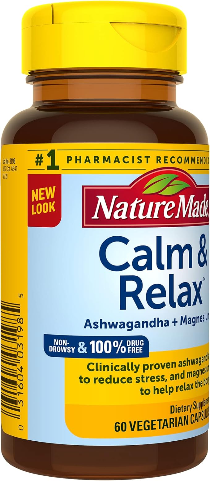 Nature Made Calm & Relax with 300mg Magnesium and 125mg Ashwagandha for Stress Relief, 60 Veggie Capsules
