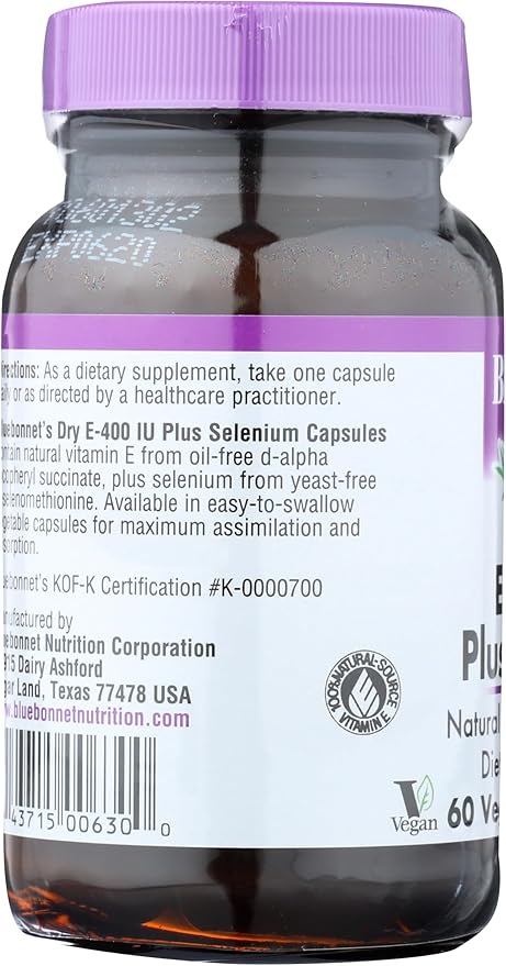 BlueBonnet Dry E-400 IU Plus Selenium Vegetarian Capsules, 60 Count