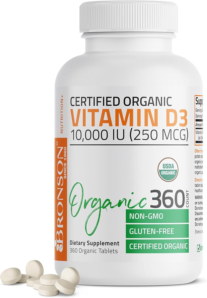 Bronson Vitamin D3 10,000 IU (250 mcg) Immune Support, Healthy Muscle Function & Bone Health, High Potency Organic Non-GMO Vitamin D Supplement, 360 Tablets