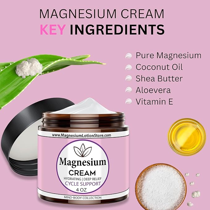 Magnesium Cream with Cycle Support Essential Oil Scent – Moisturizing & Balancing Aroma, 4oz USA Made