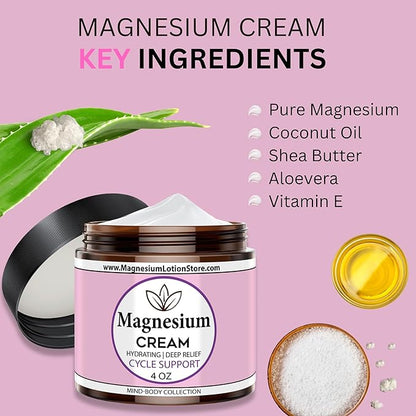 Magnesium Cream with Cycle Support Essential Oil Scent – Moisturizing & Balancing Aroma, 4oz USA Made