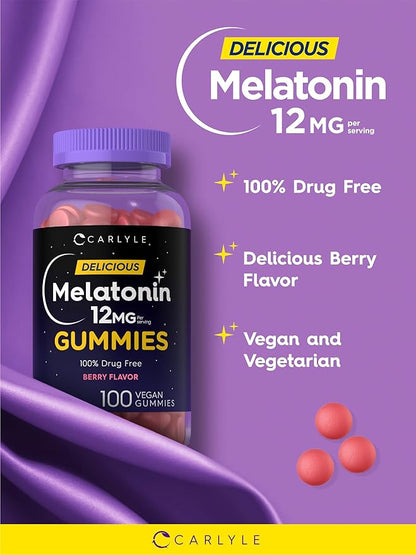 Carlyle Melatonin Gummies 12mg | 100 Count | Berry Flavor | Vegan Supplement | Non-GMO, Gluten Free
