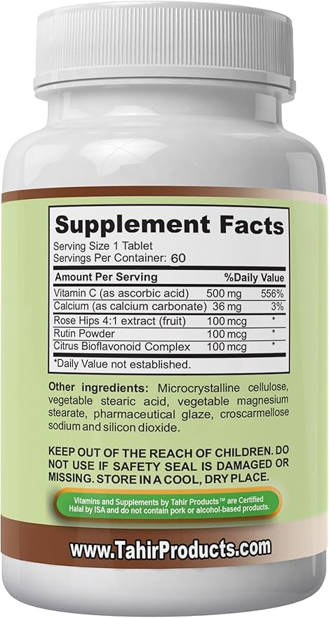Tahir Halal Vitamin C 500mg Tablets with Rose HIPS – Immune Support and antioxidant Blend with Citrus bioflavonoids. Vegan, Gluten-Free, Non-GMO. 60 Tablets. Made in USA – Certified Halal.